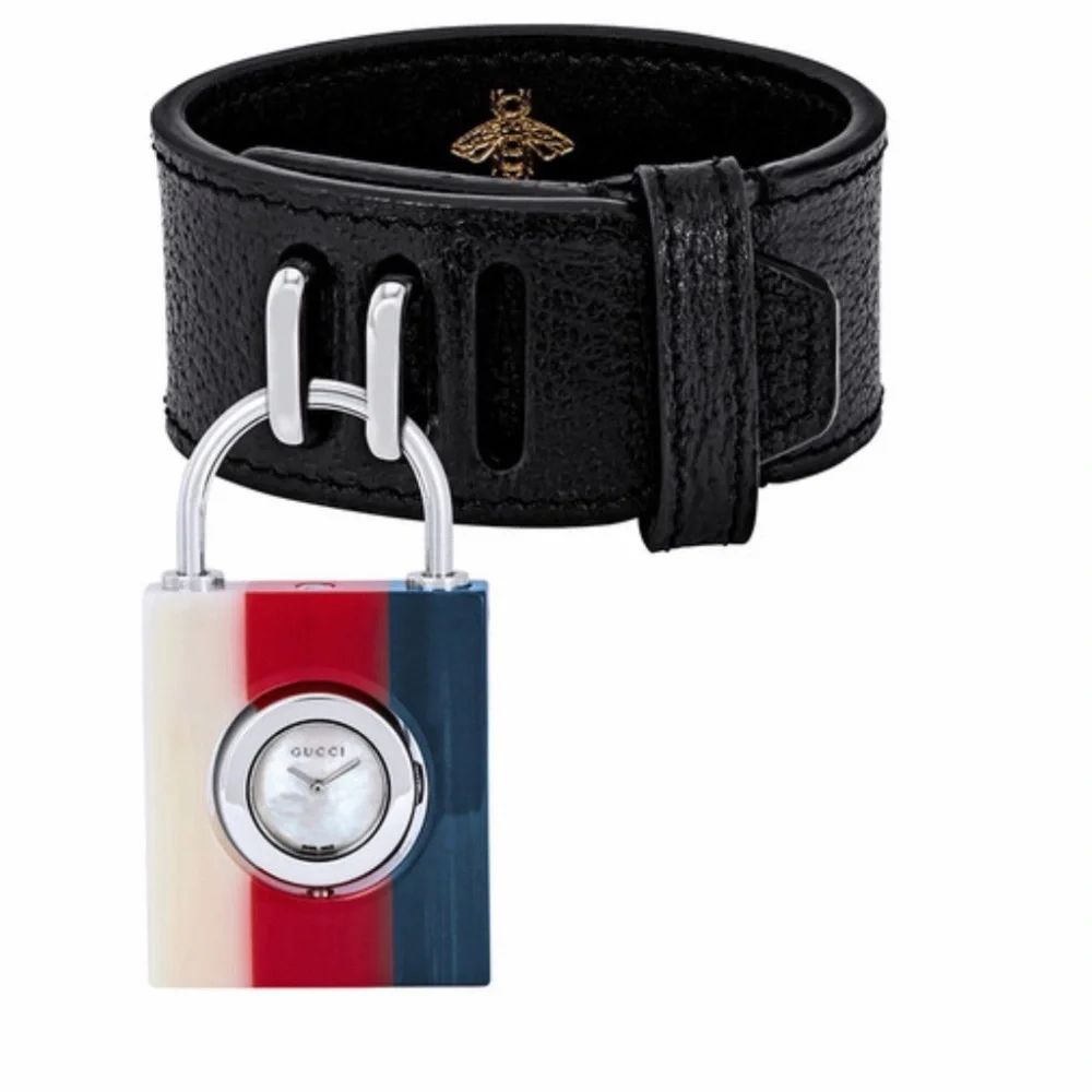 Gucci Black Leather Bracelet Watch with Red, White & Blue Pendant